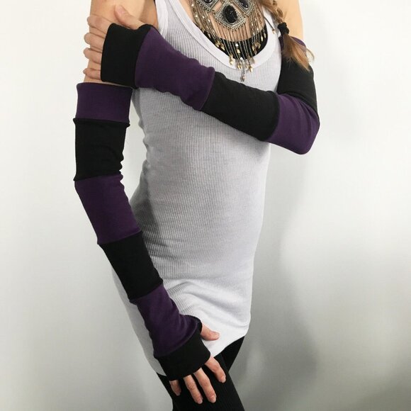 ORGANIC COTTON Long Striped Gloves Purple Hand Warmers Black Armwarmer Patchwork - Picture 5 of 5
